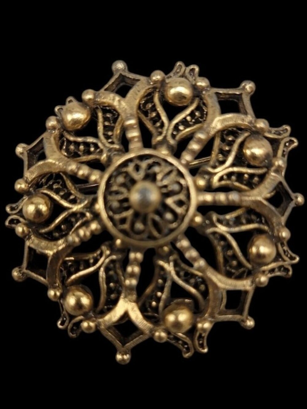 Hedy Snowflake Brooch Gold Tone Layered Open Metal Work Vintage Signed